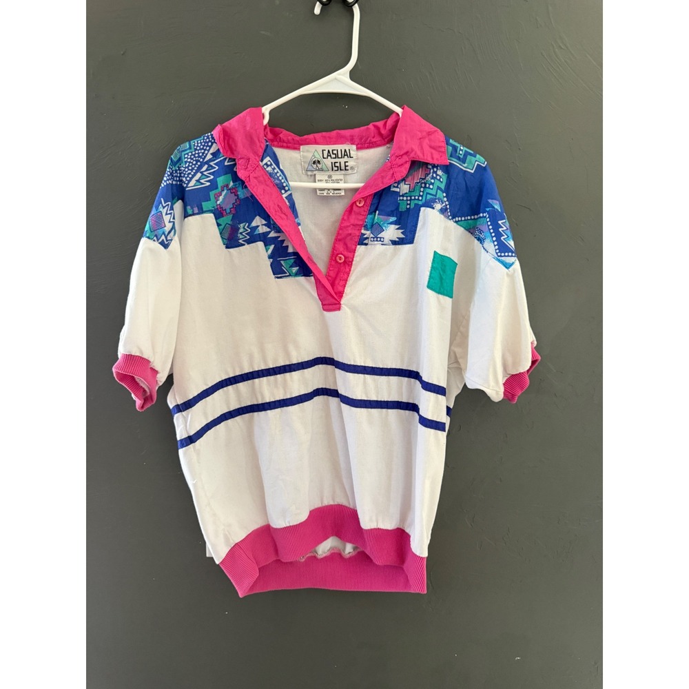 Vintage Casual Isle 80s 90s Geometric Colorblock Polo Shirt Pink White M Retro